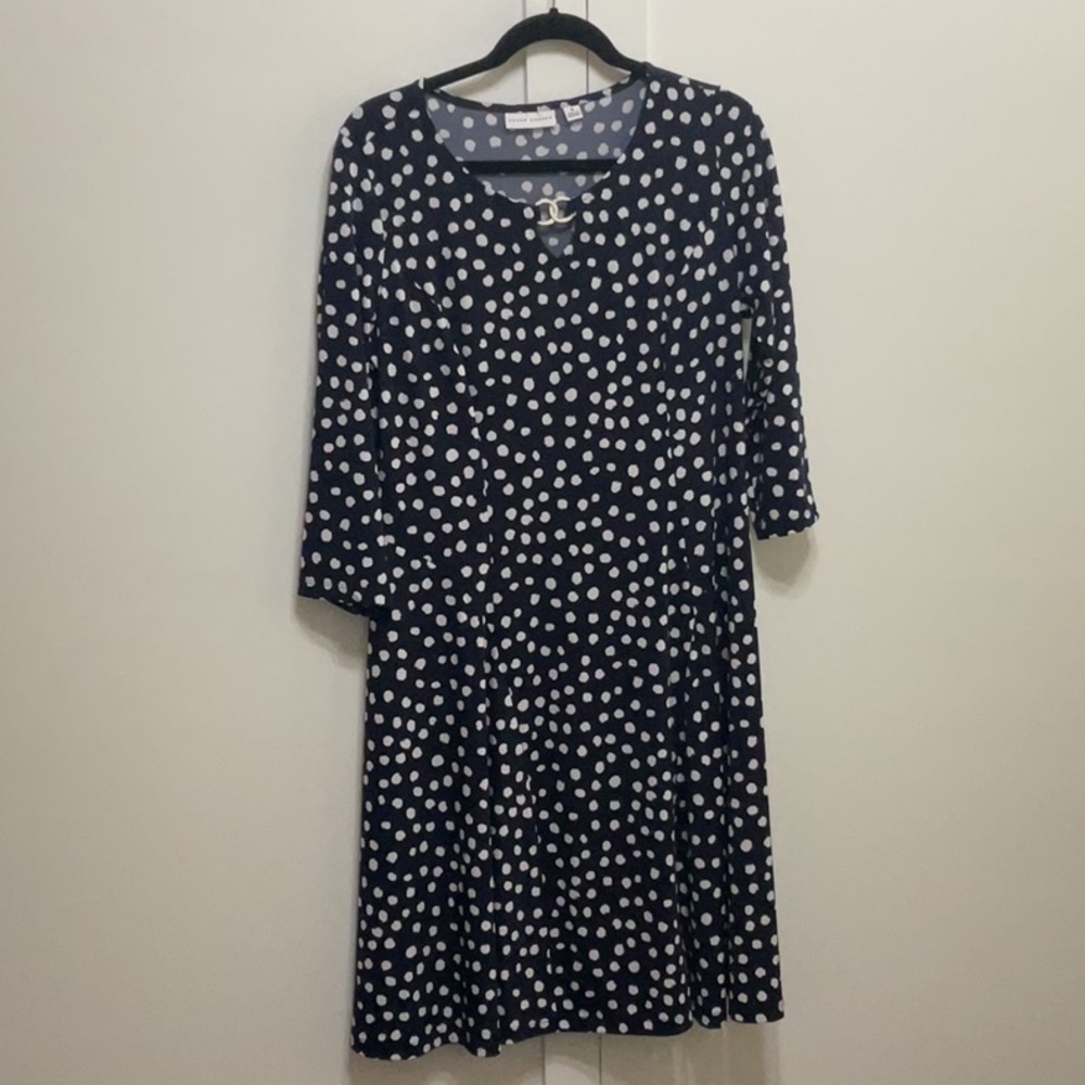 Susan Graver Navy Polka Dot Fit & Flare Dress, size medium Like New
